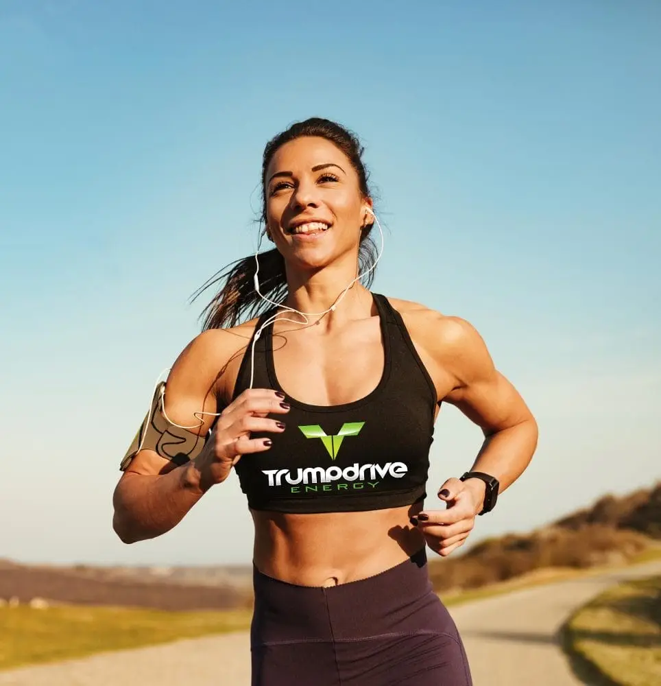 image of woman running with trumpdrive energy sports bra